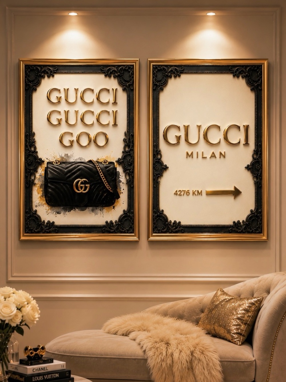 “Gucci Gucci Goo” Set of 2 Luxury Fashion Wall Art |black gold cream Prints 8x10